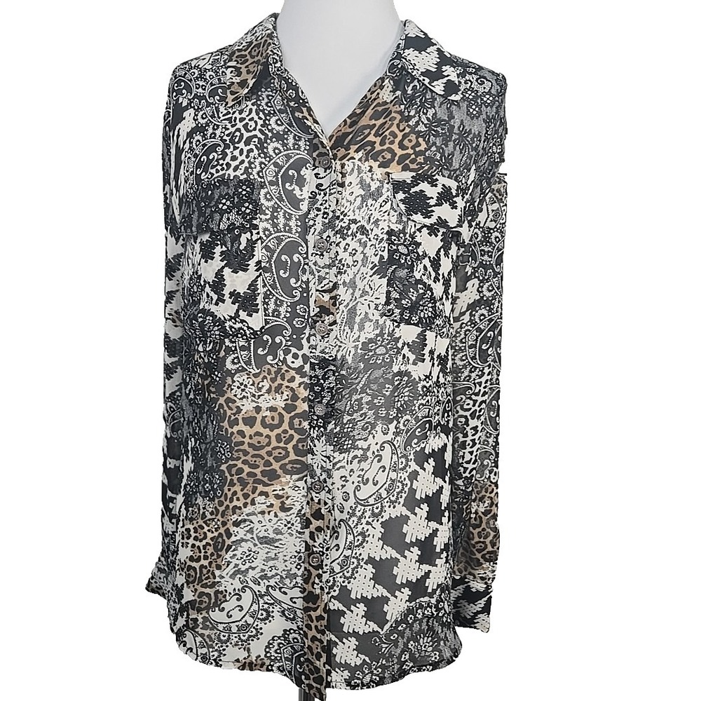 Two By Vince Camuto Button Front Animal Print Chiffon‎ Blouse (SHELL) Large L